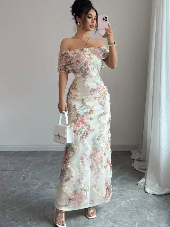 Date Night Dresses Maxi Backless Zipper Ruffles Sleeveless Floral Print Off-The-Shoulder Sweet Dress