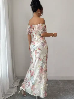 Date Night Dresses Maxi Backless Zipper Ruffles Sleeveless Floral Print Off-The-Shoulder Sweet Dress