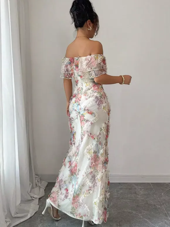 Date Night Dresses Maxi Backless Zipper Ruffles Sleeveless Floral Print Off-The-Shoulder Sweet Dress