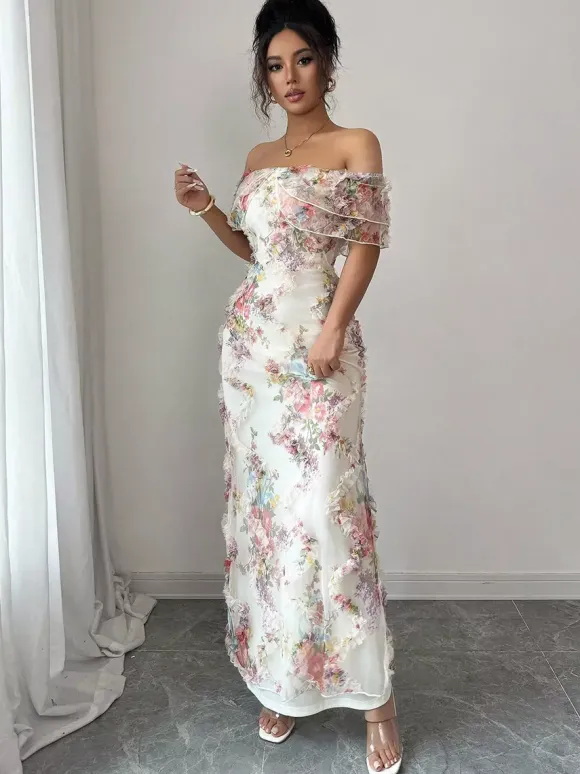 Date Night Dresses Maxi Backless Zipper Ruffles Sleeveless Floral Print Off-The-Shoulder Sweet Dress