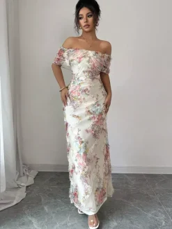 Date Night Dresses Maxi Backless Zipper Ruffles Sleeveless Floral Print Off-The-Shoulder Sweet Dress
