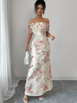 Date Night Dresses Maxi Backless Zipper Ruffles Sleeveless Floral Print Off-The-Shoulder Sweet Dress