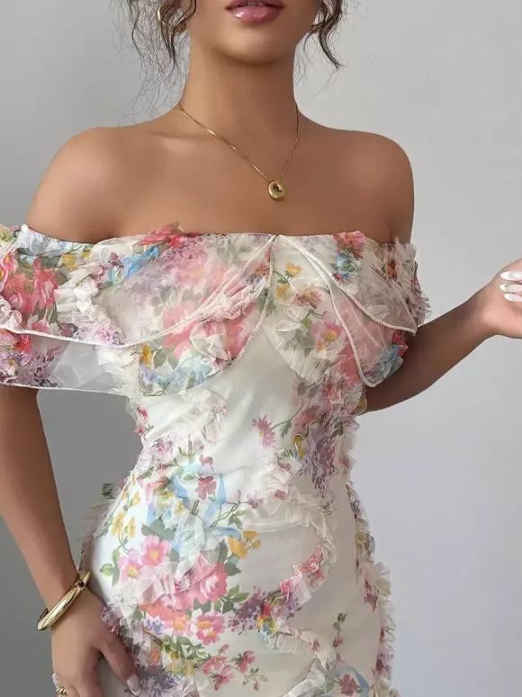 Date Night Dresses Maxi Backless Zipper Ruffles Sleeveless Floral Print Off-The-Shoulder Sweet Dress