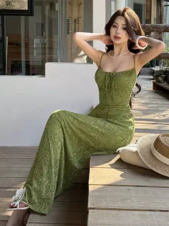 Date Night Dresses Maxi Backless Strappy Zipper Sleeveless Floral Print Off-The-Shoulder Sweet Green Dress