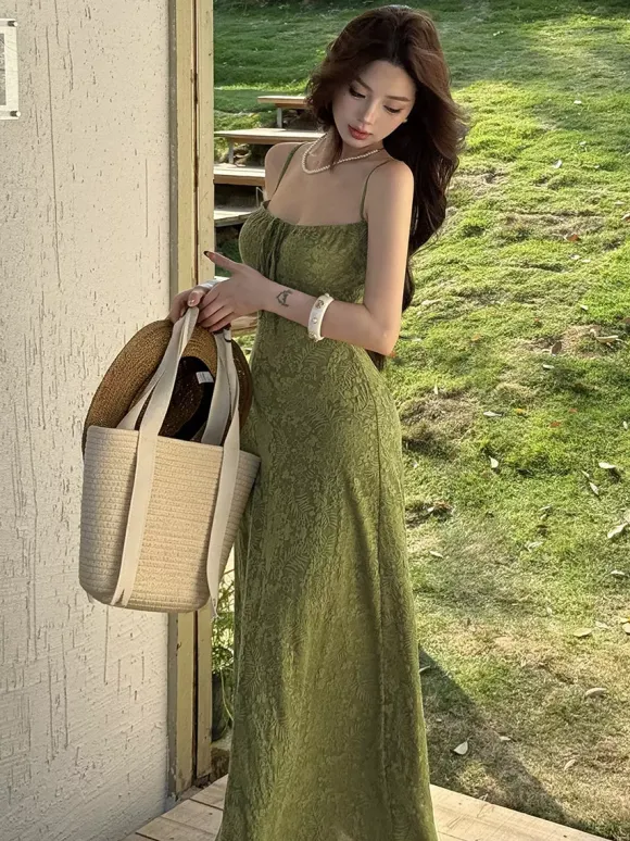 Date Night Dresses Maxi Backless Strappy Zipper Sleeveless Floral Print Off-The-Shoulder Sweet Green Dress