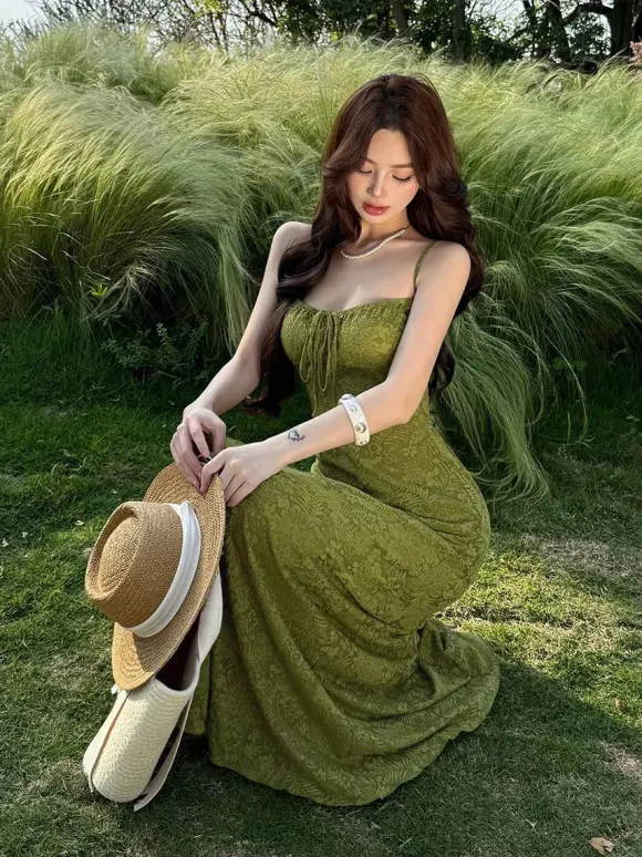 Date Night Dresses Maxi Backless Strappy Zipper Sleeveless Floral Print Off-The-Shoulder Sweet Green Dress