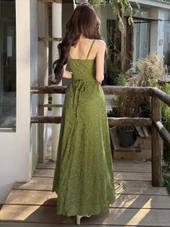 Date Night Dresses Maxi Backless Strappy Zipper Sleeveless Floral Print Off-The-Shoulder Sweet Green Dress