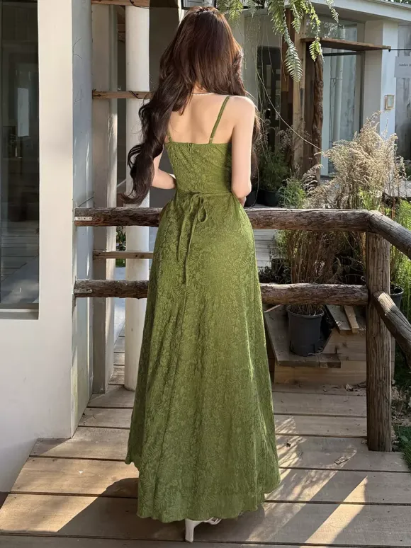 Date Night Dresses Maxi Backless Strappy Zipper Sleeveless Floral Print Off-The-Shoulder Sweet Green Dress
