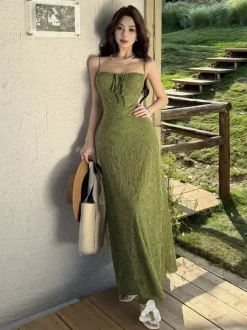 Date Night Dresses Maxi Backless Strappy Zipper Sleeveless Floral Print Off-The-Shoulder Sweet Green Dress