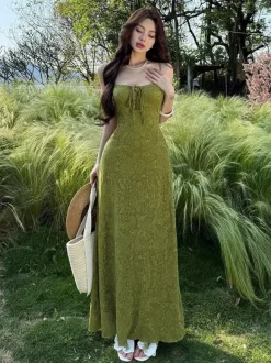 Date Night Dresses Maxi Backless Strappy Zipper Sleeveless Floral Print Off-The-Shoulder Sweet Green Dress