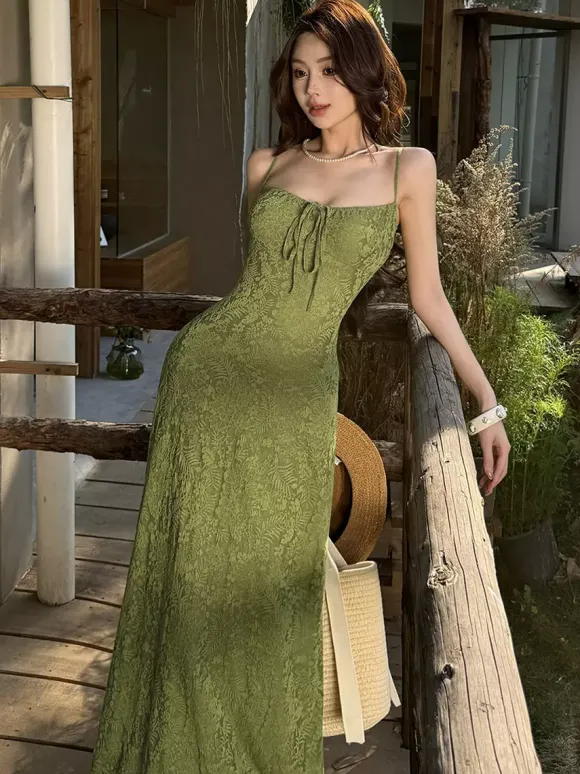 Date Night Dresses Maxi Backless Strappy Zipper Sleeveless Floral Print Off-The-Shoulder Sweet Green Dress