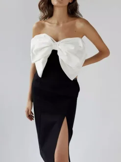 Date Night Dresses Maxi Backless Bows Sleeveless Strapless Chic Black Dress