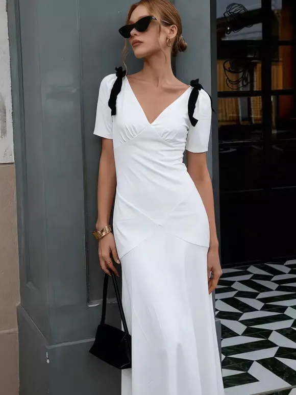 Date Night Dresses Maxi Bows Short Sleeves Two-Tone V-Neck Elegant White Dress