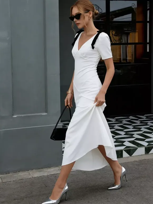 Date Night Dresses Maxi Bows Short Sleeves Two-Tone V-Neck Elegant White Dress