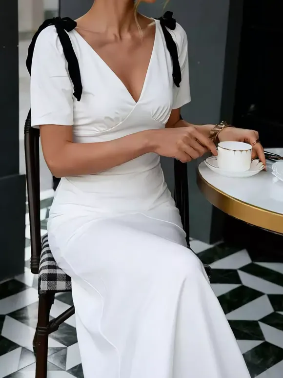 Date Night Dresses Maxi Bows Short Sleeves Two-Tone V-Neck Elegant White Dress