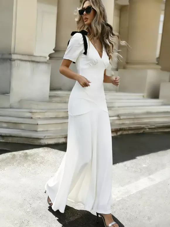Date Night Dresses Maxi Bows Short Sleeves Two-Tone V-Neck Elegant White Dress
