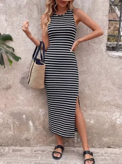 Date Night Dresses Maxi Jewel Neck Sleeveless Casual Stripes Backless Bodycon Floor Length Dress
