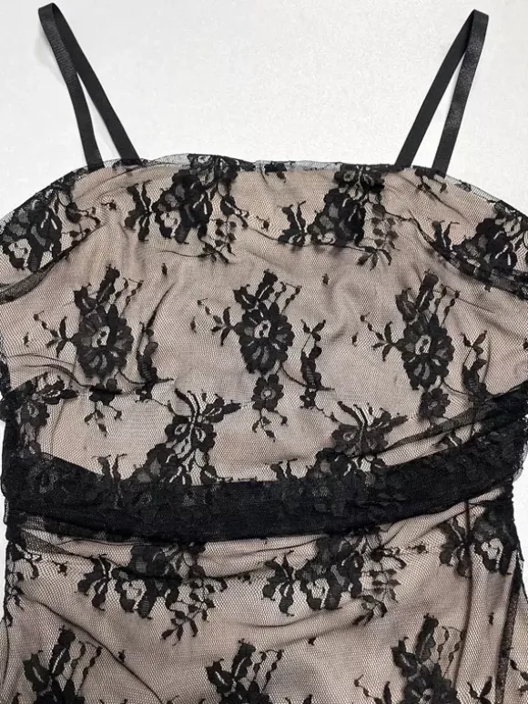 Date Night Dresses Maxi Lace Cami Straps Neck Sexy Sheer Floral Black Bodycon Party Dress