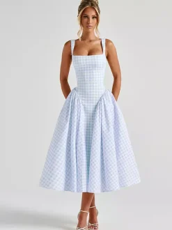 Date Night Dresses Maxi Plaid Straps Square Neck Swing Sweet Red Dress