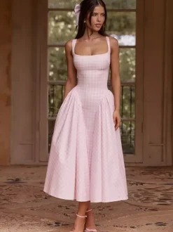 Date Night Dresses Maxi Plaid Straps Square Neck Swing Sweet Red Dress