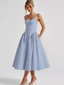 Date Night Dresses Maxi Plaid Straps Square Neck Swing Sweet Red Dress