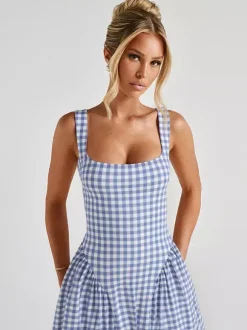 Date Night Dresses Maxi Plaid Straps Square Neck Swing Sweet Red Dress