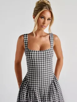 Date Night Dresses Maxi Plaid Straps Square Neck Swing Sweet Red Dress