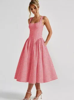 Date Night Dresses Maxi Plaid Straps Square Neck Swing Sweet Red Dress