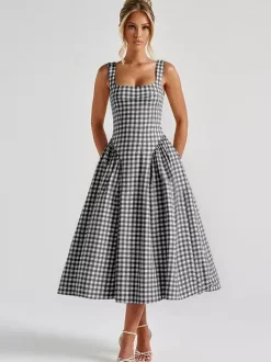 Date Night Dresses Maxi Plaid Straps Square Neck Swing Sweet Red Dress