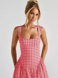 Date Night Dresses Maxi Plaid Straps Square Neck Swing Sweet Red Dress