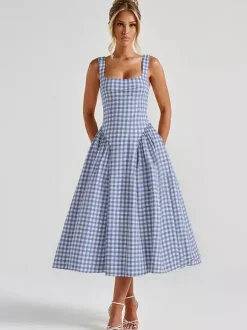 Date Night Dresses Maxi Plaid Straps Square Neck Swing Sweet Red Dress