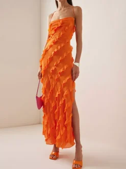 Date Night Dresses Maxi Sexy Orange Spaghetti Strap Cross Back Ruffle Tiered High Slit Bodycon Dress