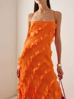 Date Night Dresses Maxi Sexy Orange Spaghetti Strap Cross Back Ruffle Tiered High Slit Bodycon Dress
