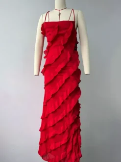 Date Night Dresses Maxi Sexy Orange Spaghetti Strap Cross Back Ruffle Tiered High Slit Bodycon Dress