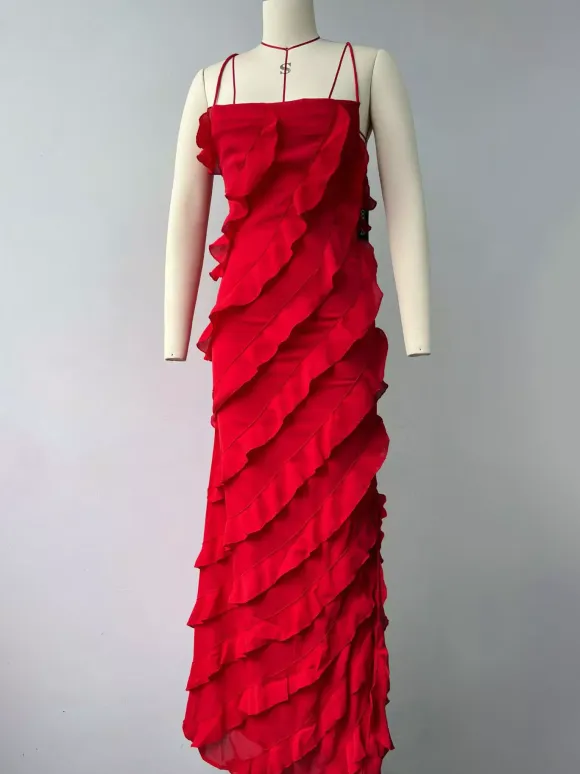 Date Night Dresses Maxi Sexy Orange Spaghetti Strap Cross Back Ruffle Tiered High Slit Bodycon Dress
