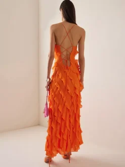 Date Night Dresses Maxi Sexy Orange Spaghetti Strap Cross Back Ruffle Tiered High Slit Bodycon Dress