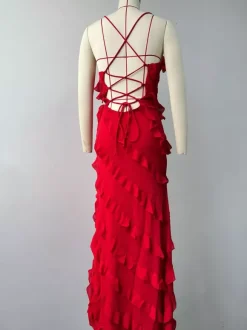Date Night Dresses Maxi Sexy Orange Spaghetti Strap Cross Back Ruffle Tiered High Slit Bodycon Dress
