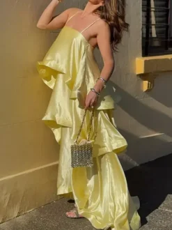 Date Night Dresses Maxi Sleeveless Straps Neck Sexy Yellow Bohemian Dress