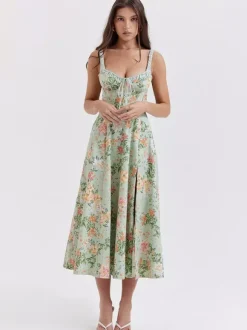 Date Night Dresses Midi Backless Flowers Drawstring Sleeveless Floral Print V-Neck Casual Green Dress