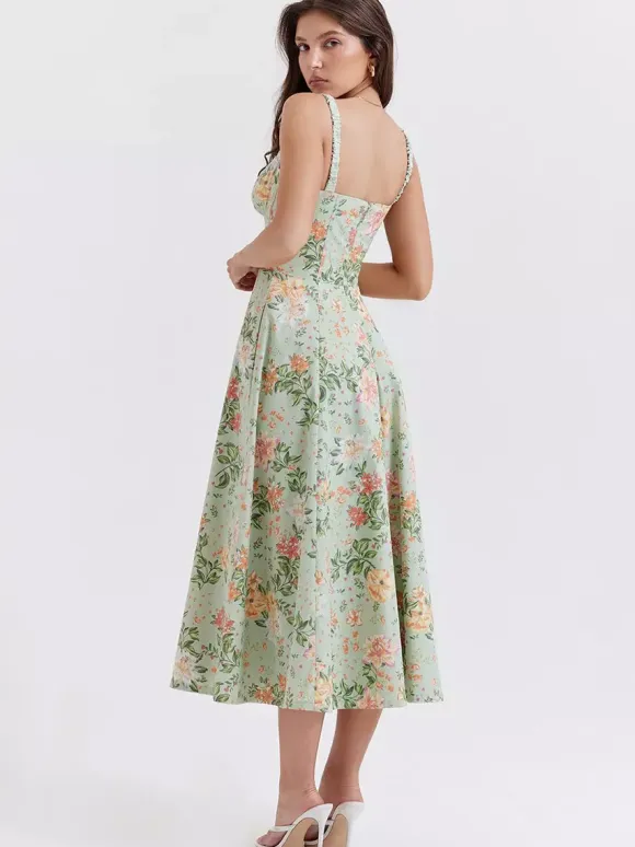 Date Night Dresses Midi Backless Flowers Drawstring Sleeveless Floral Print V-Neck Casual Green Dress
