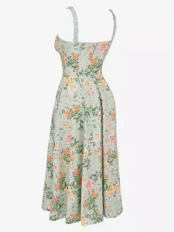 Date Night Dresses Midi Backless Flowers Drawstring Sleeveless Floral Print V-Neck Casual Green Dress