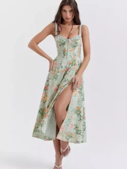 Date Night Dresses Midi Backless Flowers Drawstring Sleeveless Floral Print V-Neck Casual Green Dress