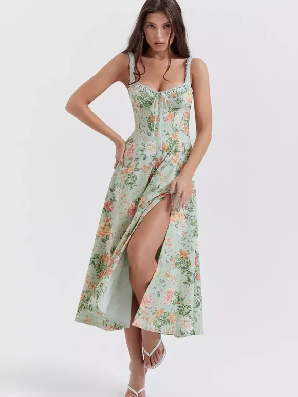 Date Night Dresses Midi Backless Flowers Drawstring Sleeveless Floral Print V-Neck Casual Green Dress