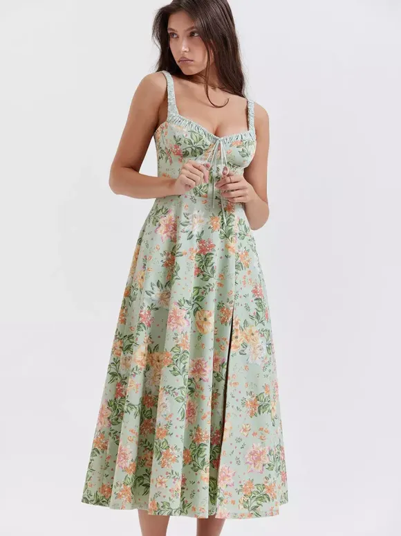Date Night Dresses Midi Backless Flowers Drawstring Sleeveless Floral Print V-Neck Casual Green Dress