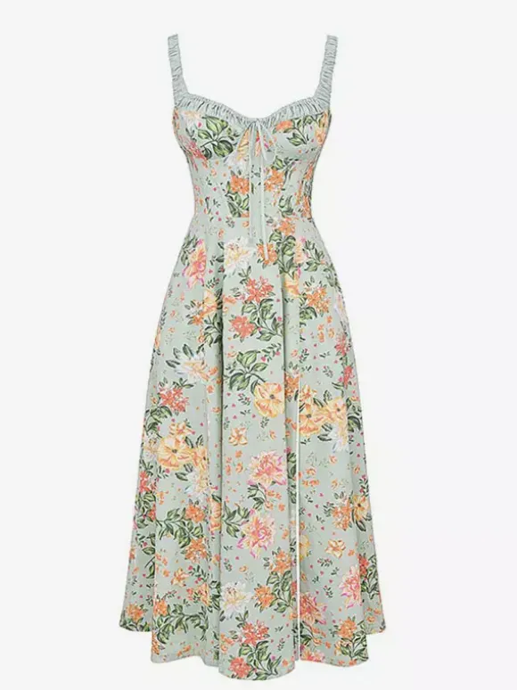 Date Night Dresses Midi Backless Flowers Drawstring Sleeveless Floral Print V-Neck Casual Green Dress