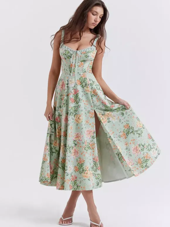 Date Night Dresses Midi Backless Flowers Drawstring Sleeveless Floral Print V-Neck Casual Green Dress