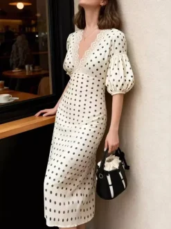 Date Night Dresses Midi Lace Half Sleeves Polka Dot V-Neck Elegant White Dress