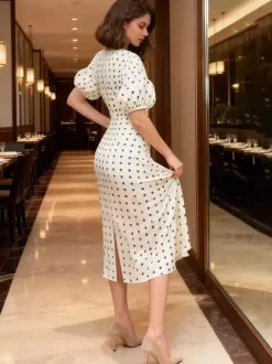 Date Night Dresses Midi Lace Half Sleeves Polka Dot V-Neck Elegant White Dress