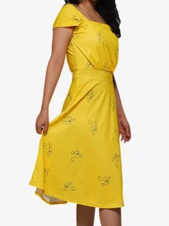 Date Night Dresses Midi Short Sleeves Floral Print Square Neck Casual Yellow Dress