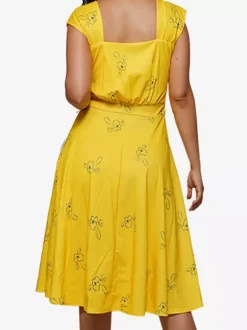 Date Night Dresses Midi Short Sleeves Floral Print Square Neck Casual Yellow Dress